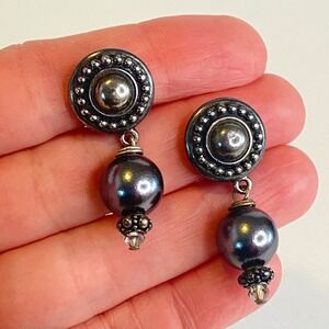 Gunmetal Faux Pearl Drop Clip On Earrings Vintage Beaded Grey Ornate 1.5"